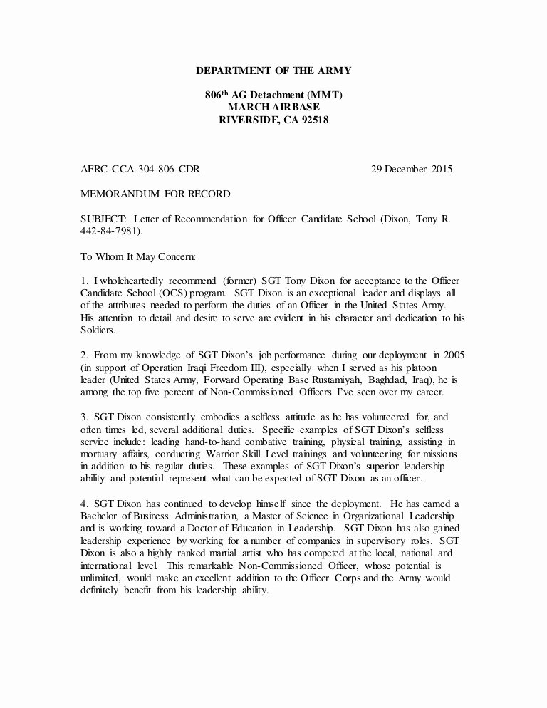 Military Letter Of Recommendation Template Unique Maj solis Letter Of Re Mendation Ocs Dixon Dec 2015 2