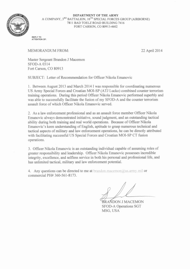Military Letter Of Recommendation Template Unique Us Army Sf Letter Of Re Mendation
