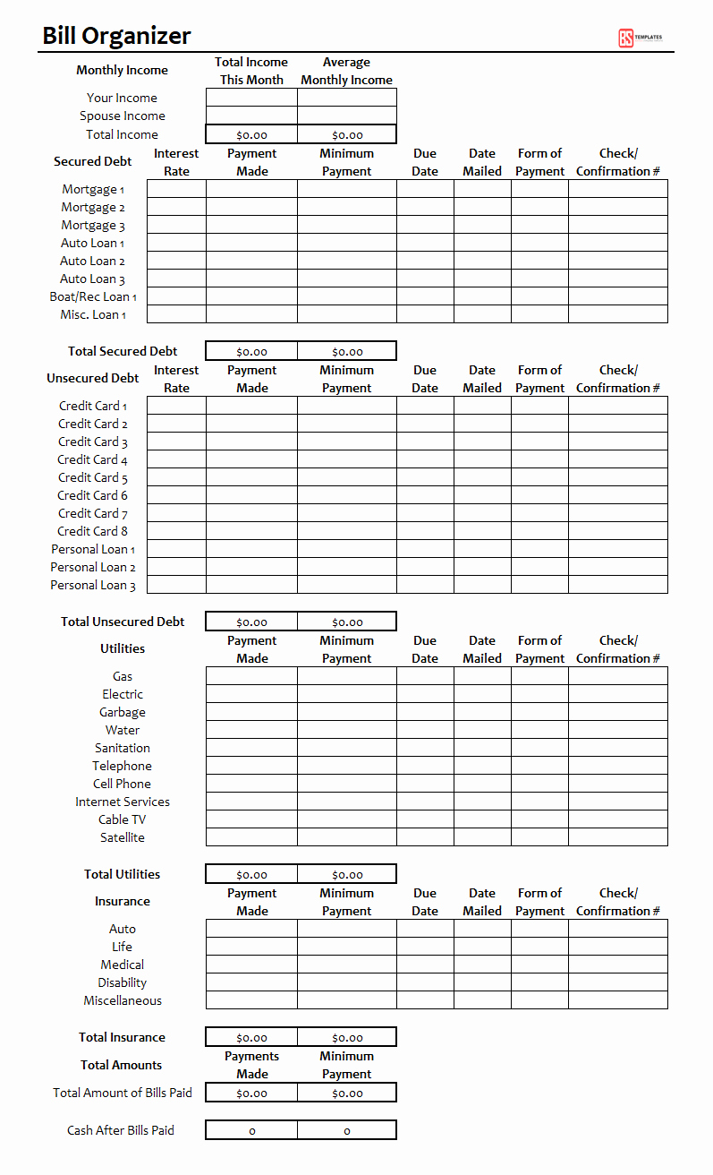 Monthly Bill organizer Template Excel Fresh Printable Monthly Bill organizer for Excel – Free Pdf Log