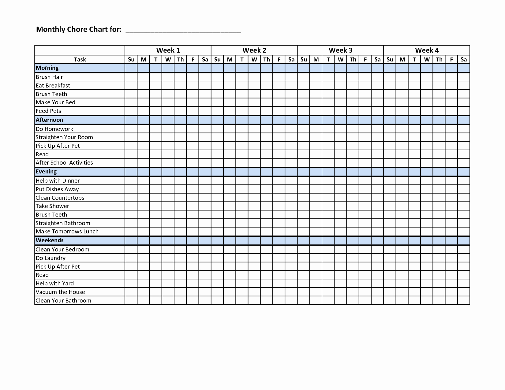 Monthly Chore Chart Template New Chore Charts for Multiple Children