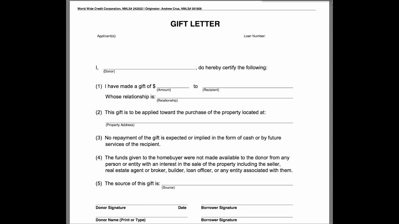 Mortgage Gift Letter Template Unique Gift Letter
