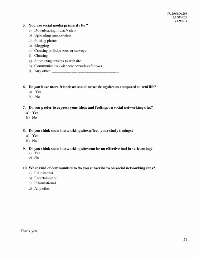 Network Site Survey Template Lovely Use Of social Media Survey Questions