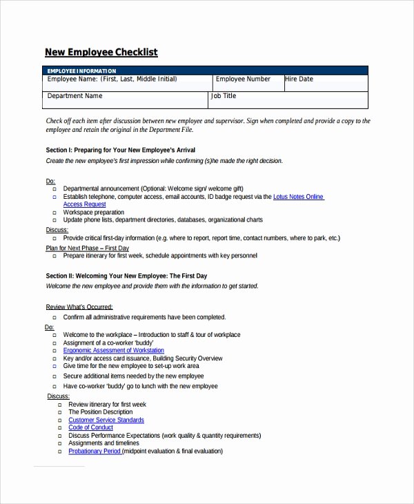 New Employee Checklist Templates Inspirational Sample New Employee Checklist 20 Free Documents