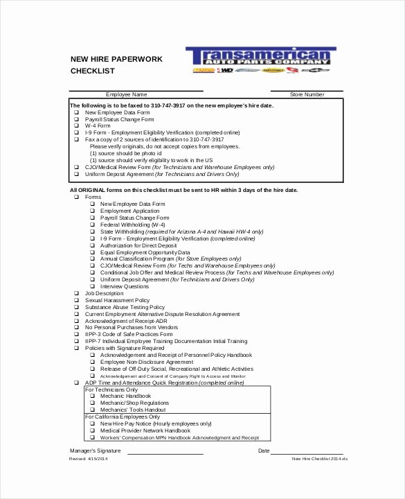 New Employee Checklist Templates New New Hire Checklist Template 18 Free Word Excel Pdf