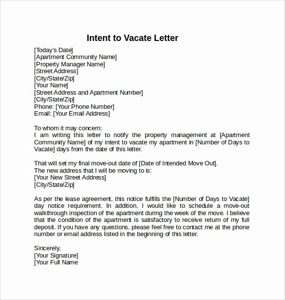 Notice to Vacate Letter Template Awesome Intent to Vacate Letter – 7 Free Samples Examples &amp; formats