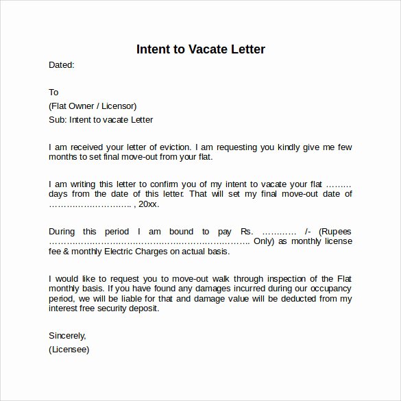 Notice to Vacate Letter Template Beautiful Intent to Vacate Letter – 7 Free Samples Examples &amp; formats