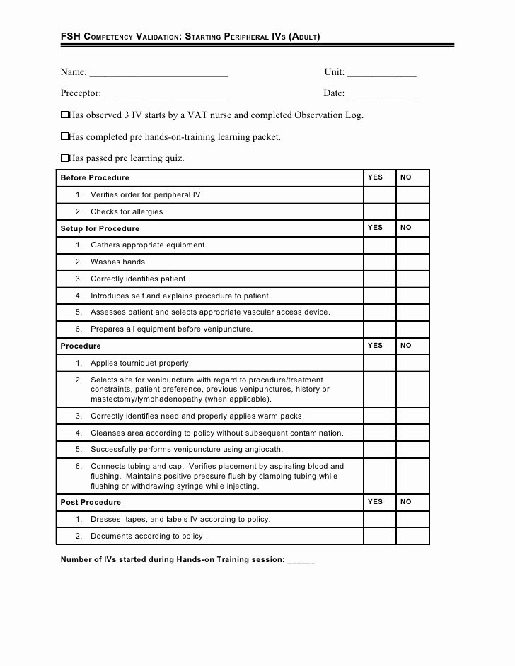 Nursing Competency assessment Template Best Of Petency assessment Adult Peripheral Iv Insertion