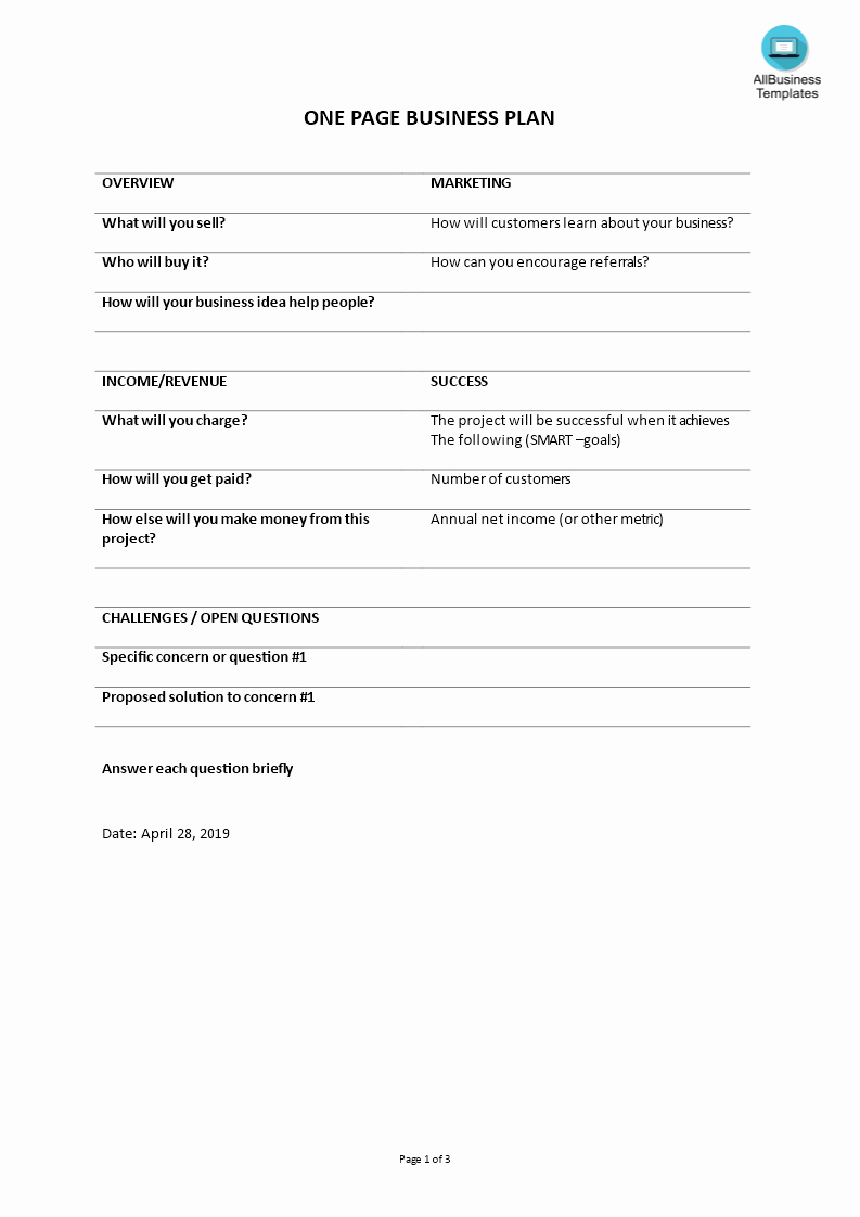 One Page Business Plan Template Awesome Free E Page Business Plan
