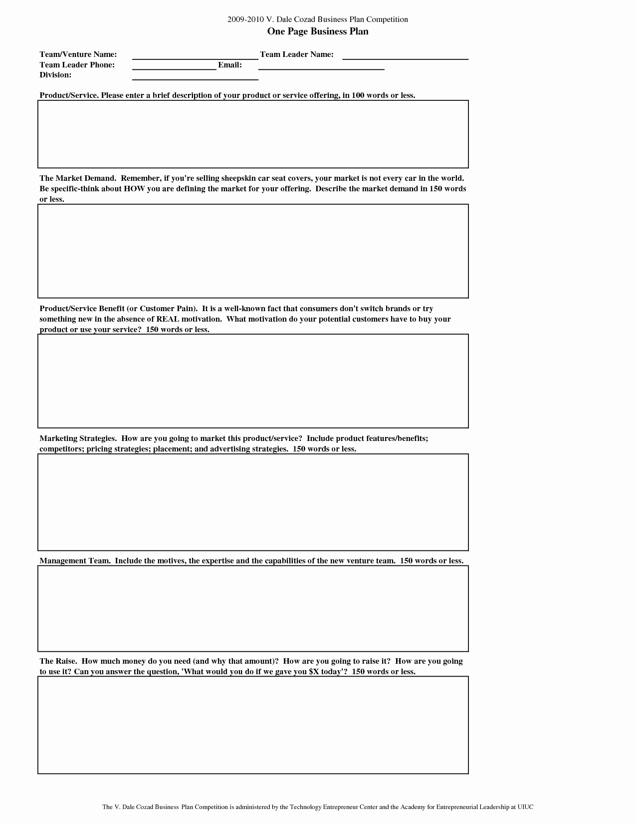 One Page Business Plan Template Awesome One Page Business Plan Template by Dale Cozad