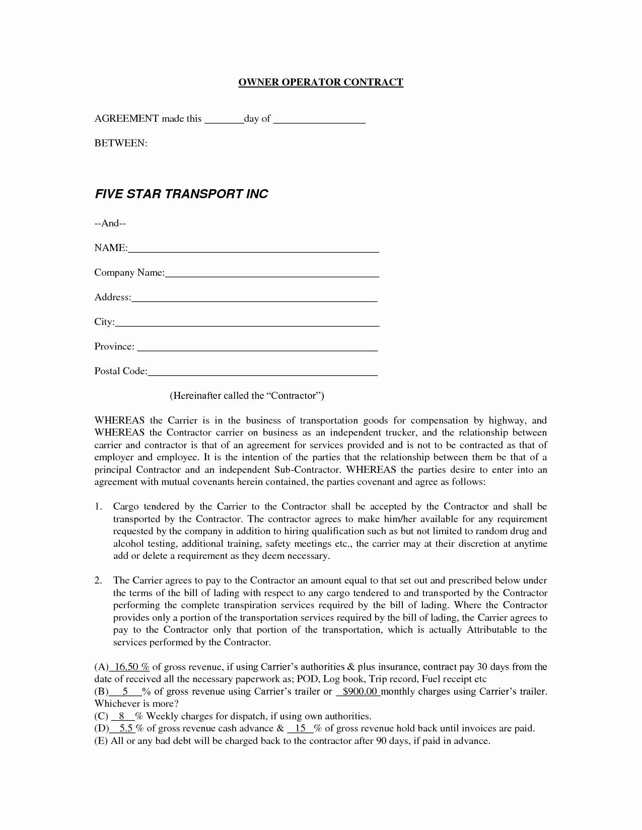 Owner Operator Lease Agreement Template Best Of Owner Operator Lease Agreement Sample form Detail Trucking
