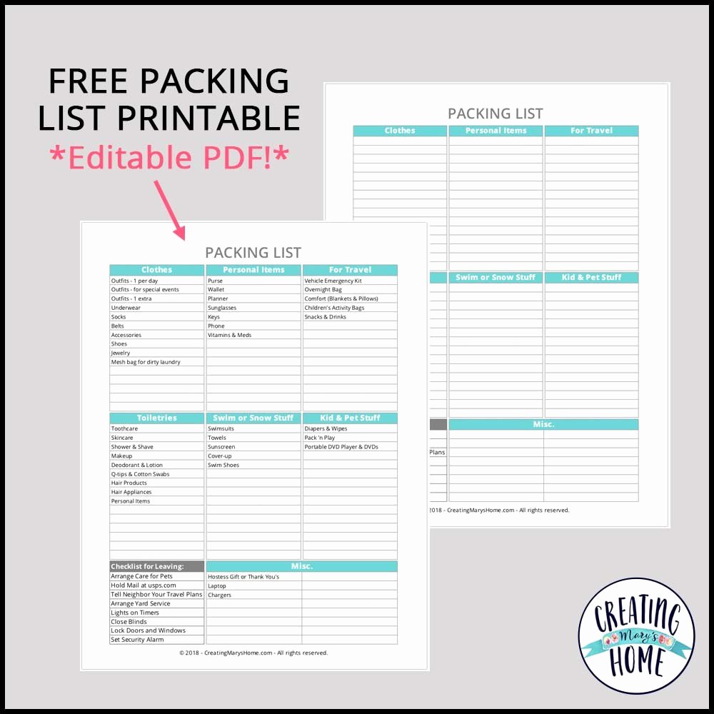 Packing List Template Pdf Luxury Packing List Printable Editable Pdf Creatingmaryshome