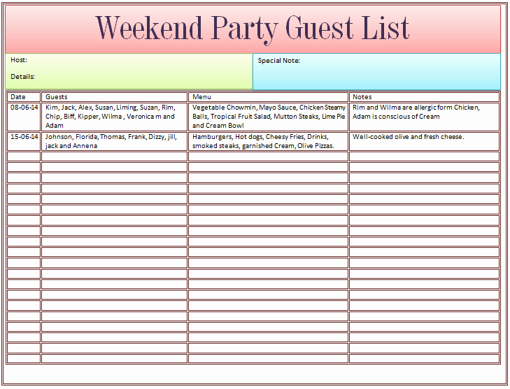 Party Guest List Template Fresh Guest List Template for Wedding or Weekend Party