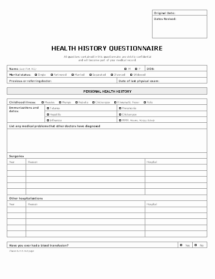 Patient Medical History form Template New Patient Health History Questionnaire 4 Pages