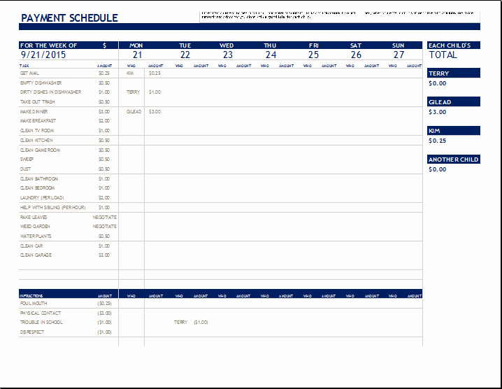 Payment Schedule Template Excel Fresh Ms Excel Chore Payment Schedule Template