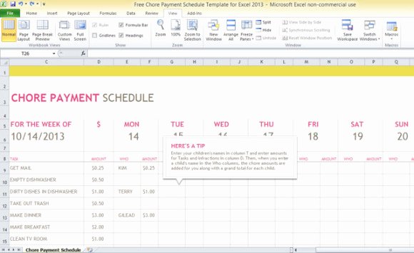 Payment Schedule Template Excel Luxury Free Chore Payment Schedule Template for Excel 2013