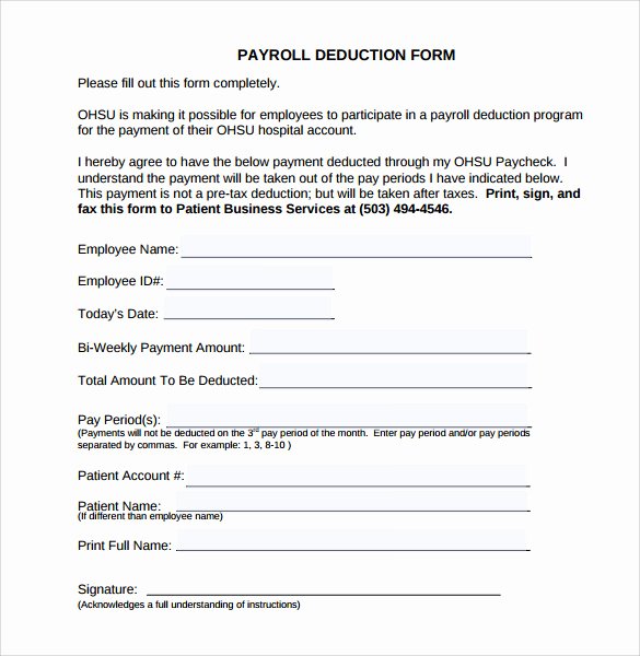 Payroll Deduction Authorization form Template Fresh Sample Payroll Deduction form 10 Download Free Documents