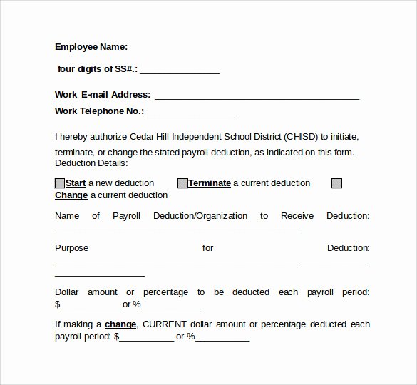 Payroll Deduction Authorization form Template Lovely Sample Payroll Deduction form 10 Download Free Documents