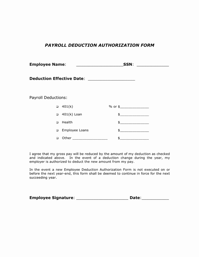 Payroll Deduction Authorization form Template New Payroll Deduction Authorization form In Word and Pdf formats
