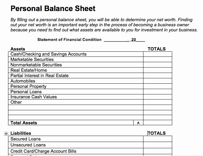 Personal Balance Sheet Template Fresh Personal Balance Sheet Template