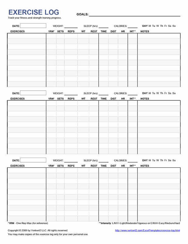 Personal Fitness Plan Template Unique Free Printable Exercise Log Pdf From Vertex42