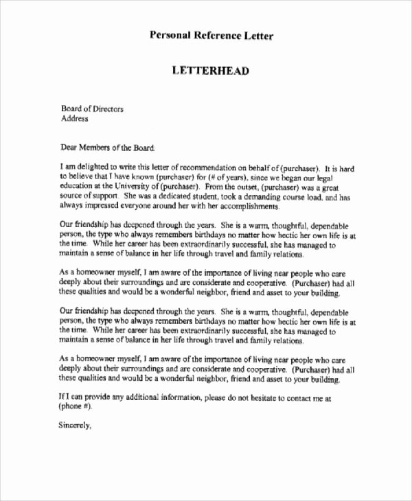 Personal Letter Of Recommendation Template Awesome Sample Personal Reference Letter 7 Examples In Word Pdf