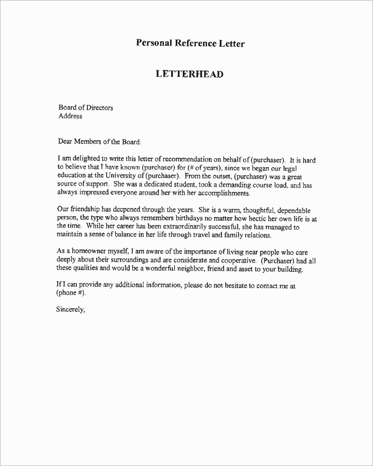 Personal Letter Of Recommendation Template Beautiful 18 Personal Reference Letter for Co Op Board