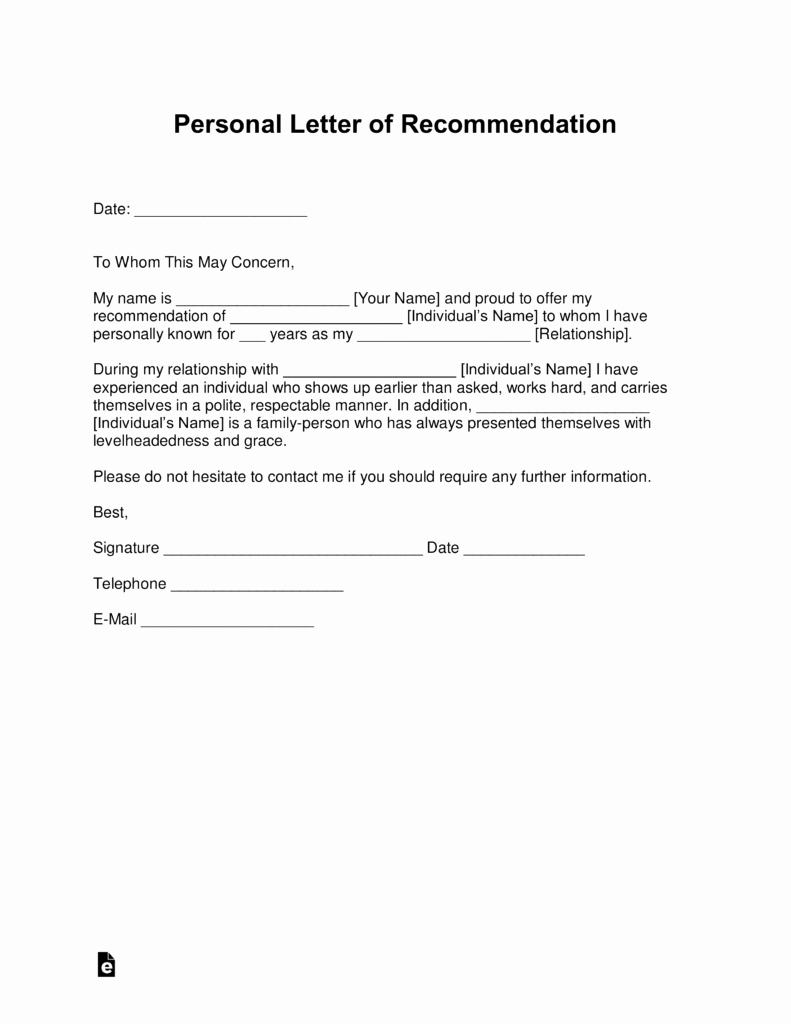 Personal Letter Of Recommendation Template Fresh Free Personal Letter Of Re Mendation Template for A
