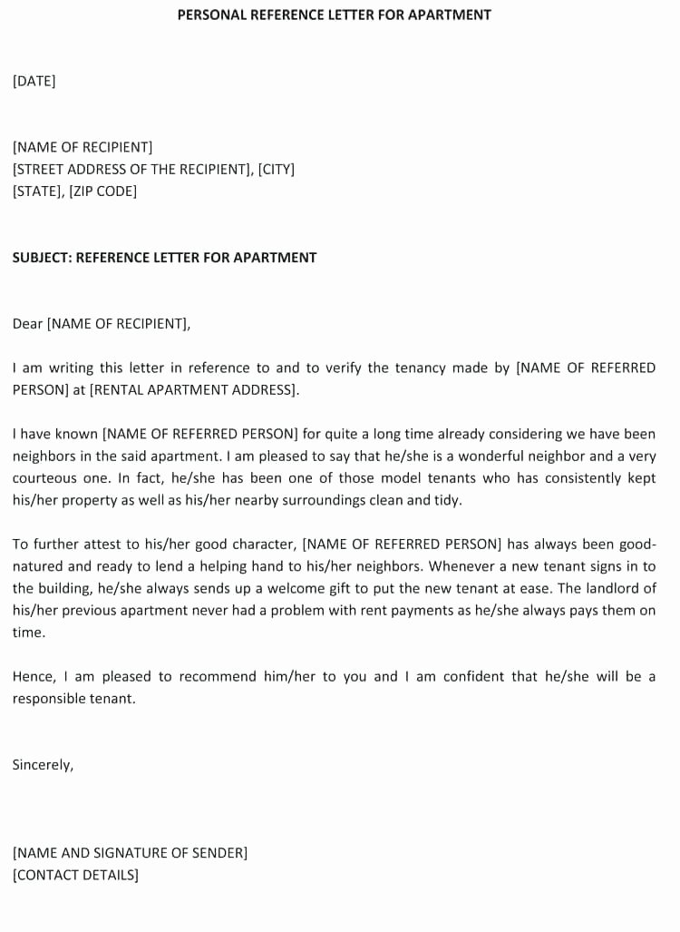 Personal Letter Of Recommendation Templates Fresh Personal Reference Letter for Apartment – Dstic