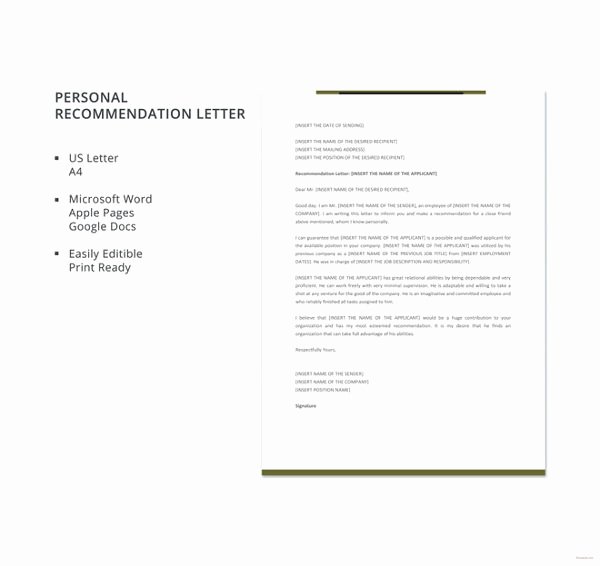 Personal Letters Of Recommendation Templates Awesome 30 Re Mendation Letter Templates Pdf Doc