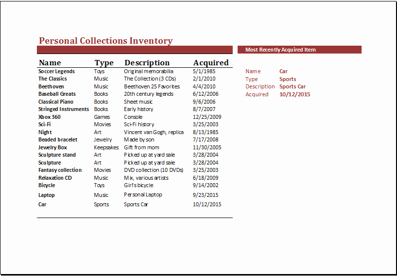 Personal Property Inventory Template Fresh Ms Excel Personal Collection Inventory Template