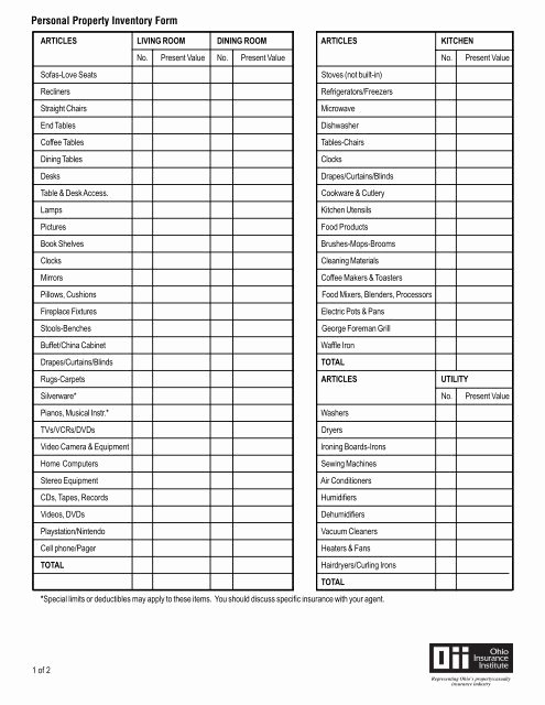 Personal Property Inventory Template Inspirational Personal Property Inventory form Ohio Insurance Institute