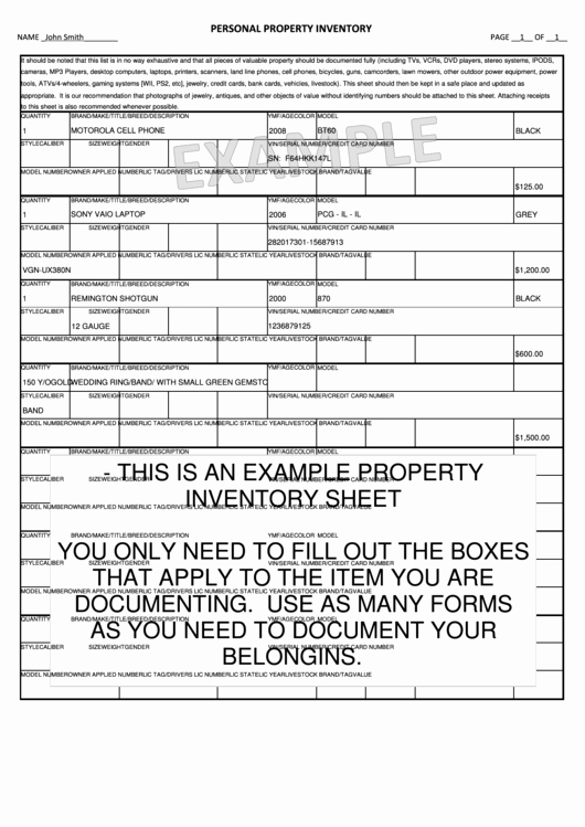 Personal Property Inventory Template Luxury Personal Property Inventory Sheet Example Printable Pdf