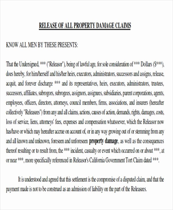 Personal Property Release form Template Awesome Property Damage Release form