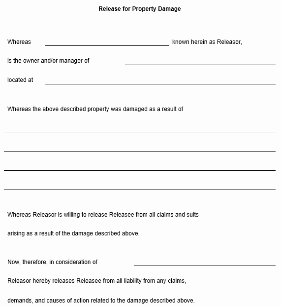 Personal Property Release form Template Best Of Release for Property Damage Template