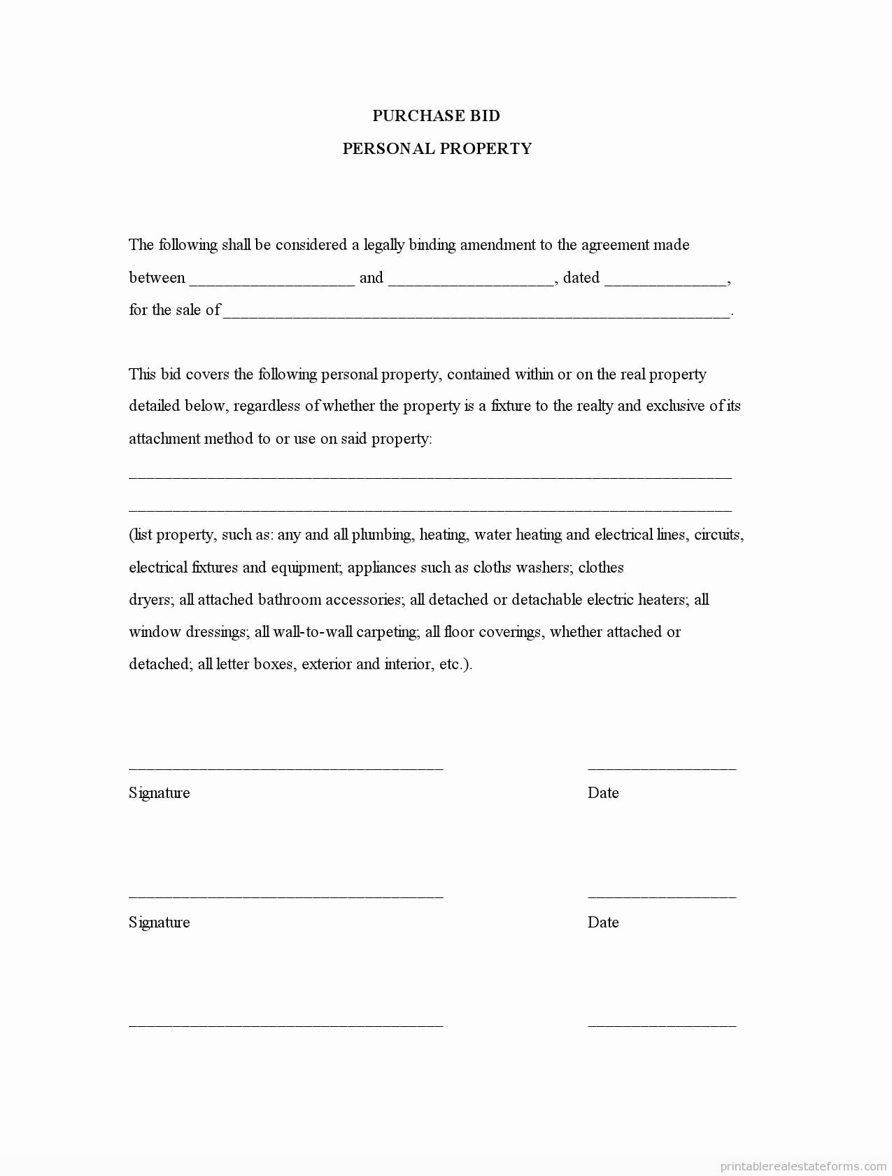 Personal Property Release form Template Elegant Sample Printable Purchase Bid Personal Property form