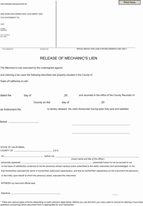 Personal Property Release form Template Inspirational California Mechanic S Lien Release form