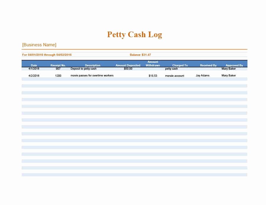 Petty Cash Log Template Elegant 40 Petty Cash Log Templates &amp; forms [excel Pdf Word]