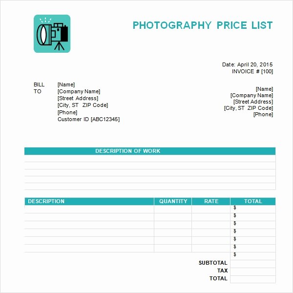 Photography Price List Template Word Inspirational Free 4 Sample Price List Templates In Pdf Word