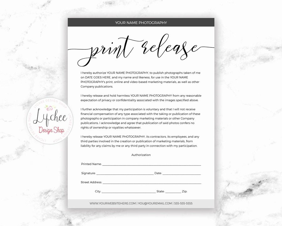 Photography Print Release form Template Awesome Print Release Template Script Font 8 5x11 Printable