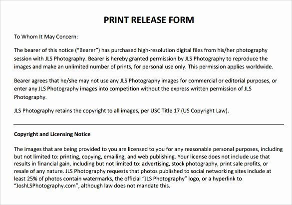 Photography Print Release Template Awesome Print Release form –8 Free Samples Examples &amp; formats