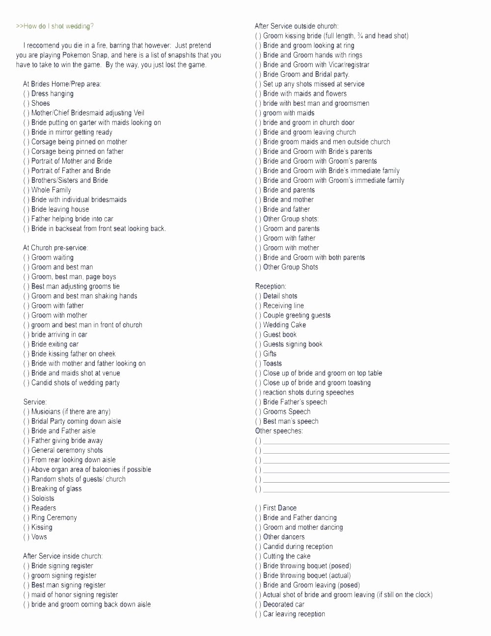 Photography Shot List Template Awesome the Ultimate Wedding Graphy Checklist the Phoblographer