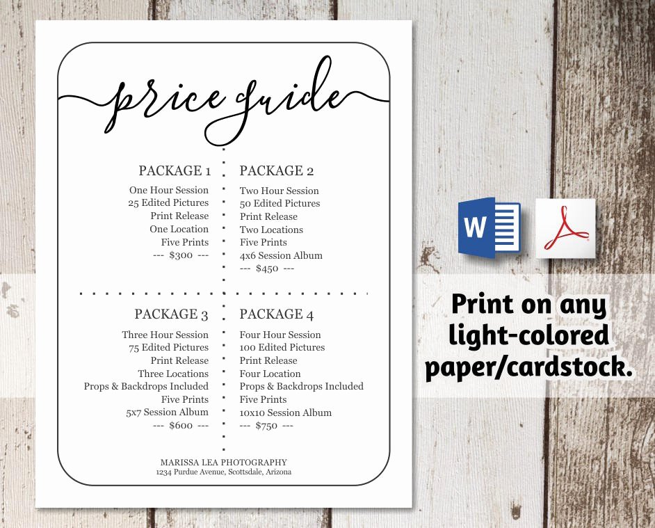 Photography Shot List Template Luxury Printable Price List Template No Color Ink Word Pdf