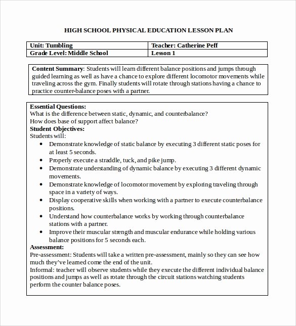 Physical Education Lesson Plan Template Awesome Sample Physical Education Lesson Plan 14 Examples In