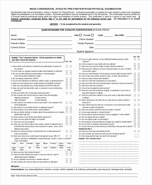 Physical Exam form Template Beautiful Sample Sports Physical form 8 Examples In Pdf Word