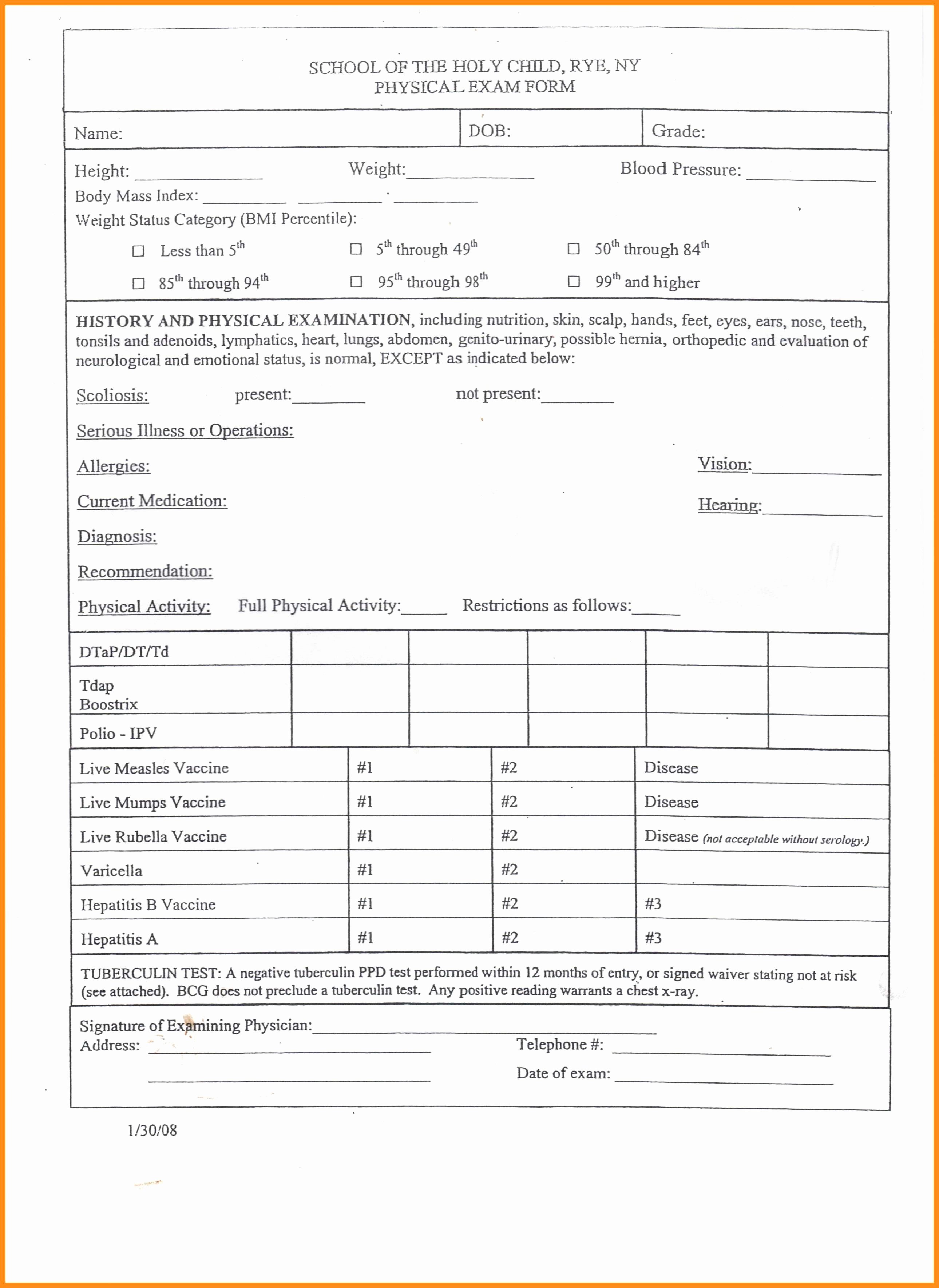 Physical Exam form Template New Pediatric Physical Exam Template