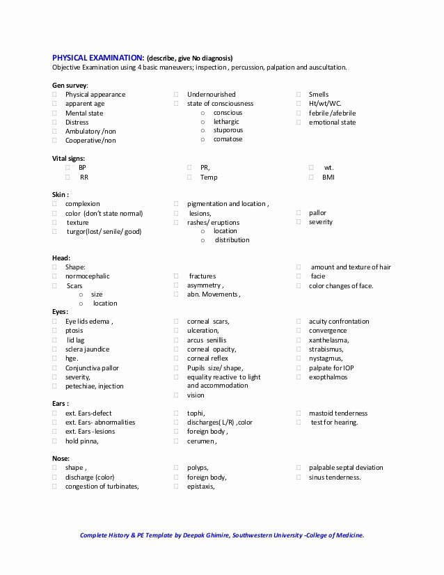 Physical Examination form Template Awesome Classical Medical History and Physical Examination Template