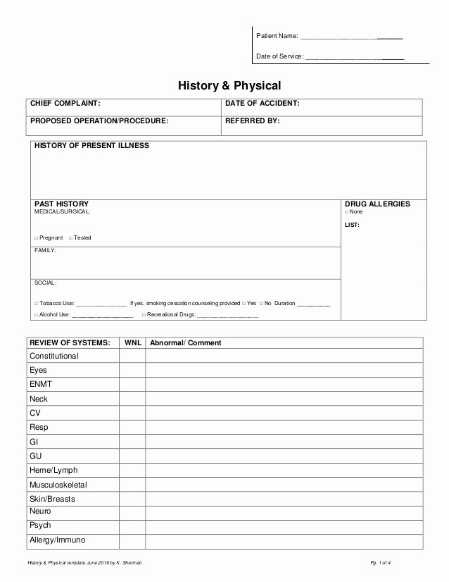 Physical Examination form Template Best Of History &amp; Physical form Pdf