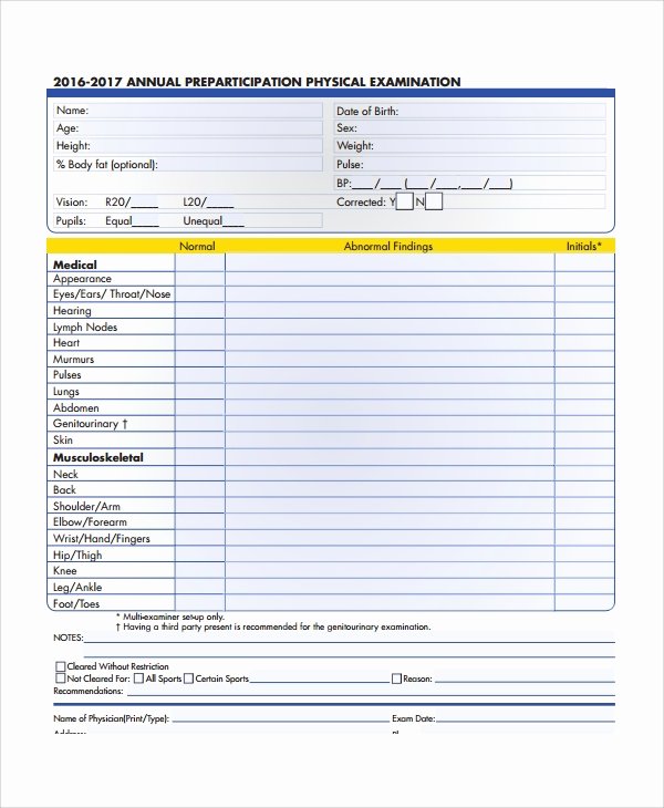 Physical Examination form Template Elegant 9 Sample Physical Exam forms Pdf