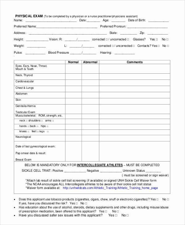 Physical Examination form Template Elegant Sample Physical assessment form 7 Documents In Pdf