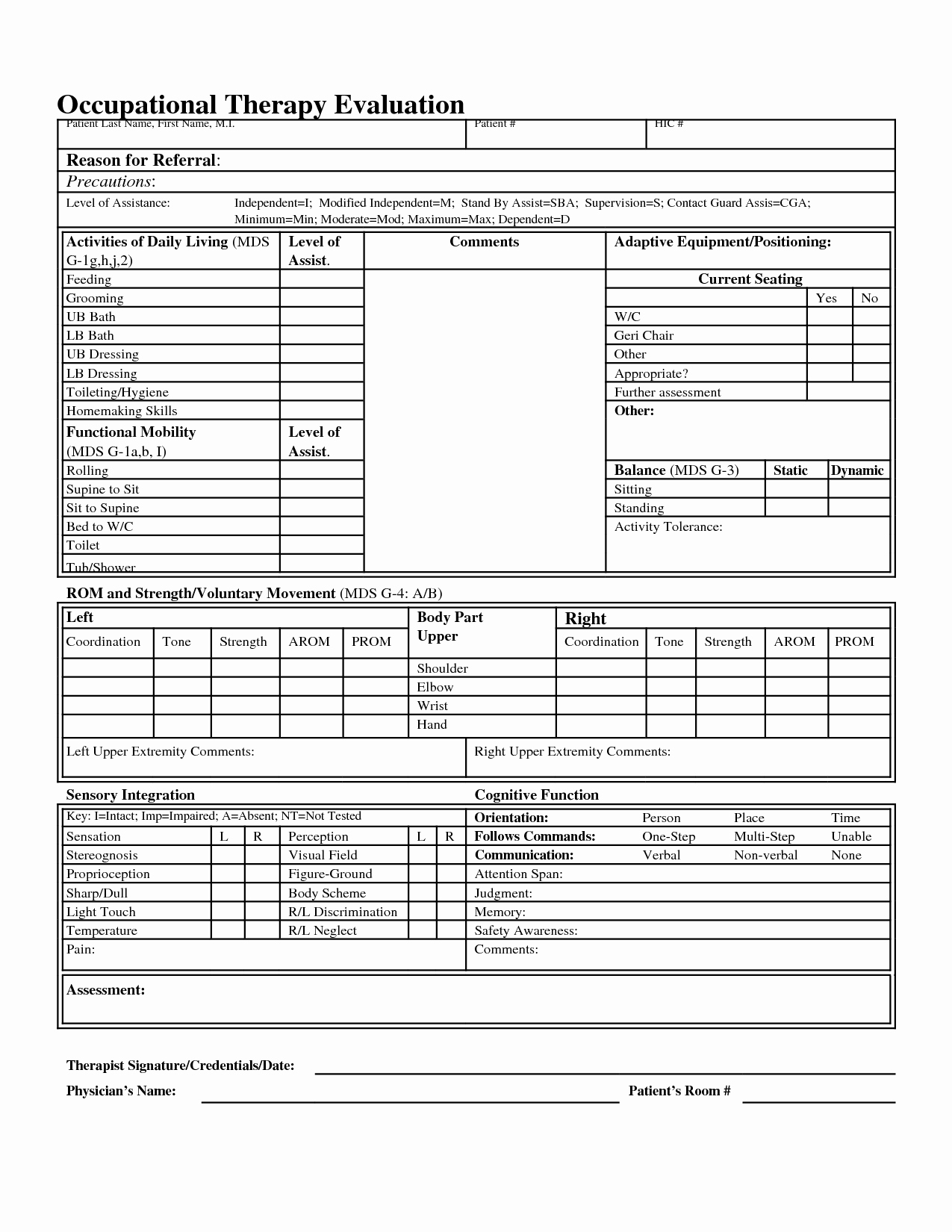 Physical therapy Evaluation Template Inspirational Occupational therapy Hand Evaluation form